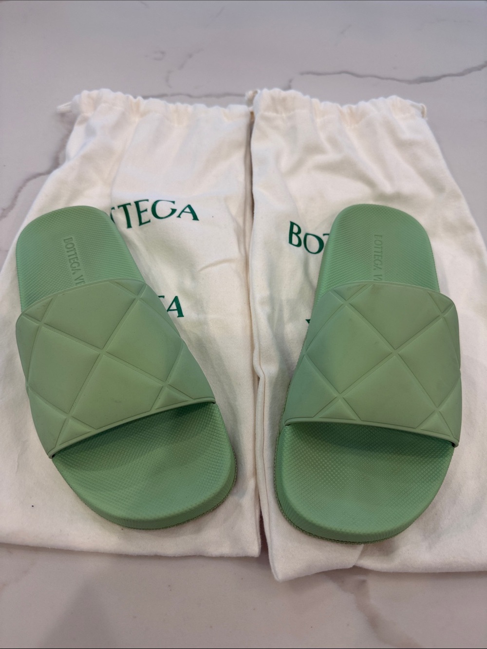 Bottega Veneta Mint Green Quilted Slide Sandals